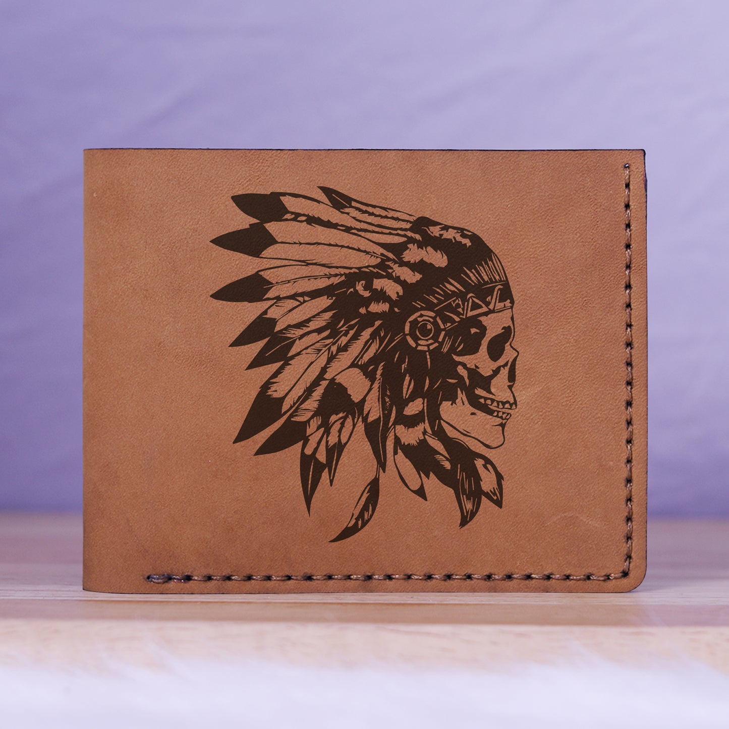 Native American Skull & Symbol Genuine Leather Blocking Bifold Wallet MHLT_01_BRN