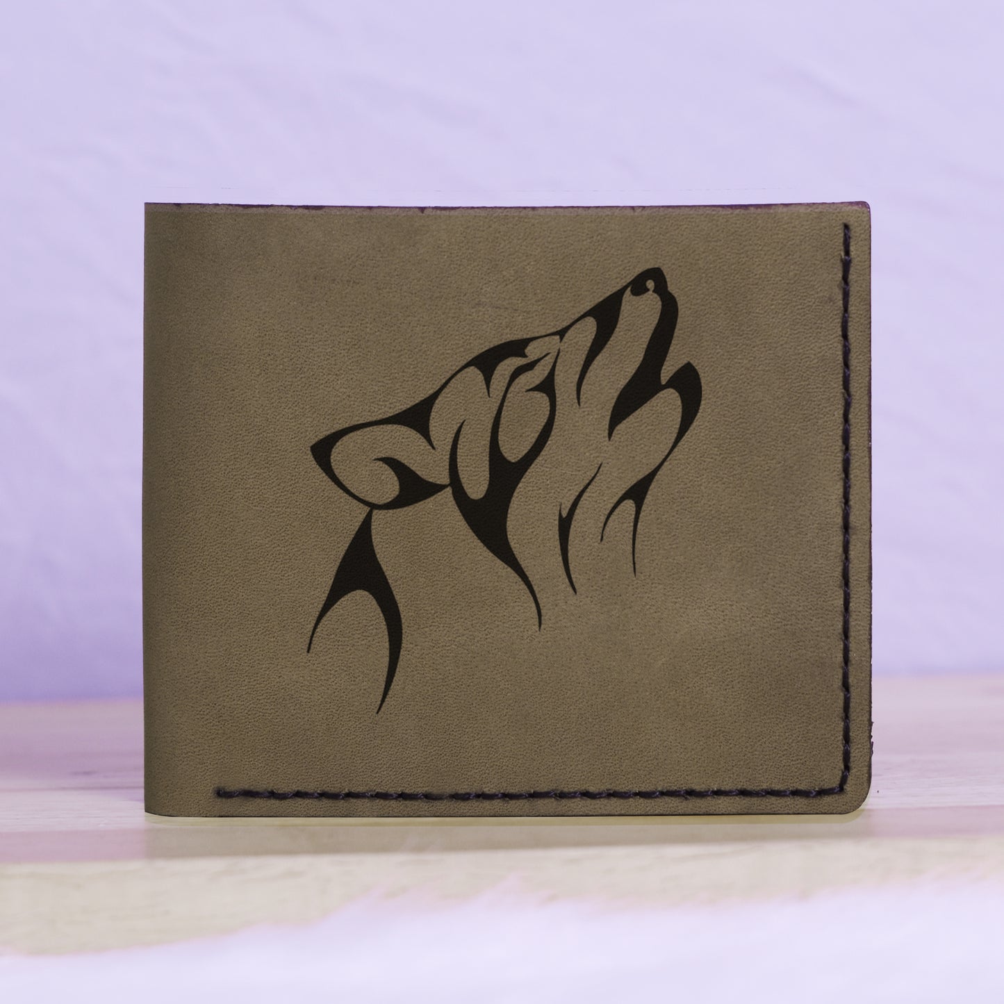 Men's Wolf Abstract Natural Genuine Leather Blocking Bifold Wallet MHLT_01_GRN
