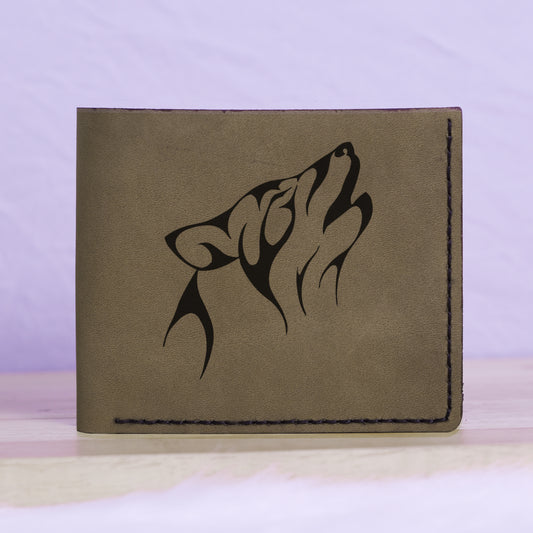 Men's Wolf Abstract Natural Genuine Leather Blocking Bifold Wallet MHLT_01_GRN