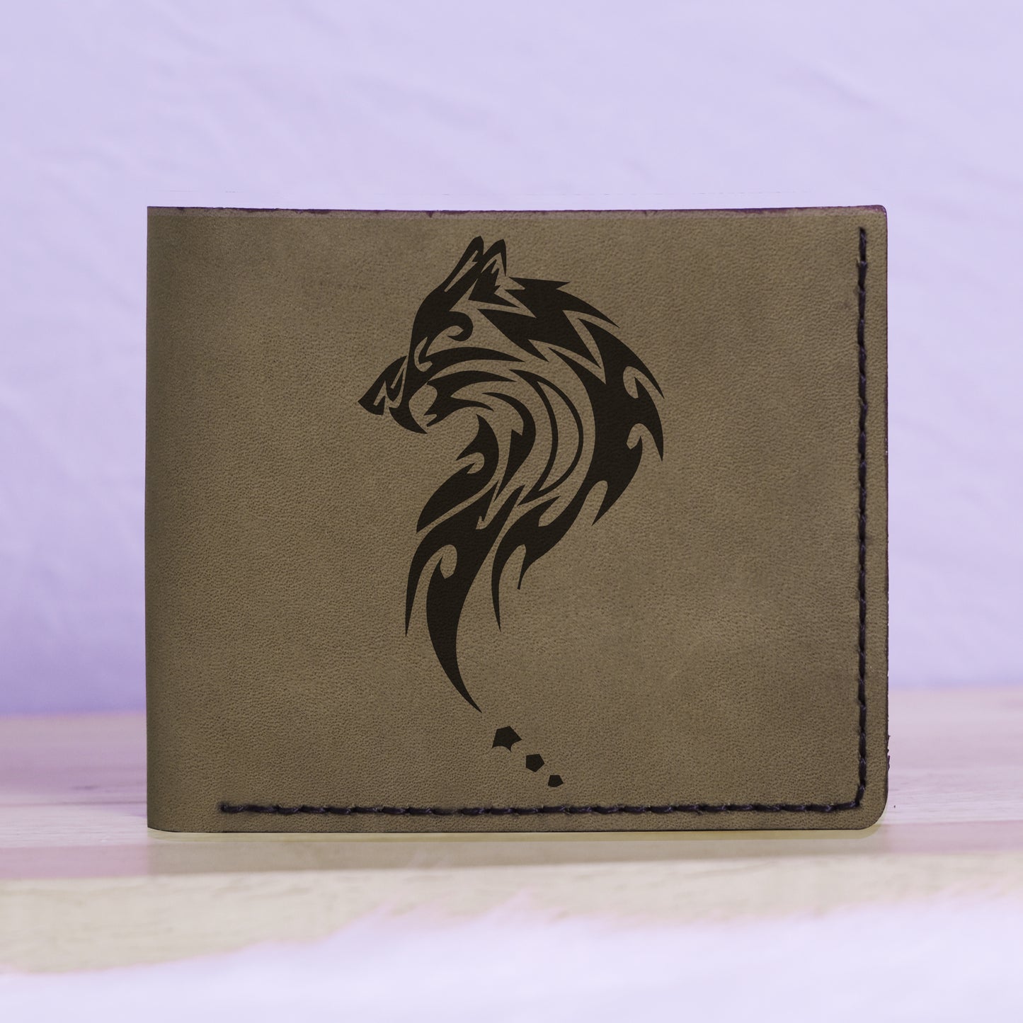 Men's Wolf Abstract Natural Genuine Leather Blocking Bifold Wallet MHLT_01_GRN