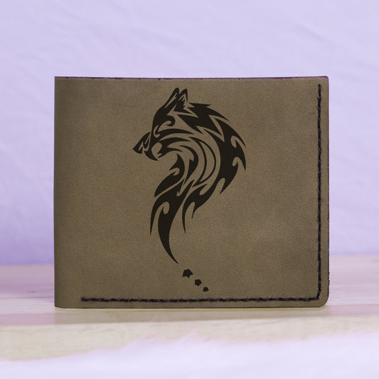 Men's Wolf Abstract Natural Genuine Leather Blocking Bifold Wallet MHLT_01_GRN