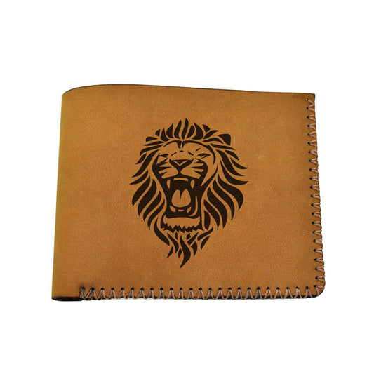 Men's Lion Tatoo Style Natural Genuine Leather Blocking Bifold Wallet MHLT_02_BRN