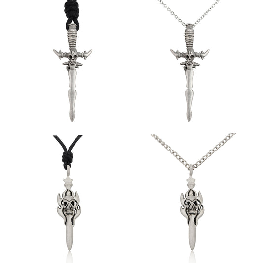 Skeleton Skull Head Sword Silver Pewter Charm Necklace Pendant Jewelry