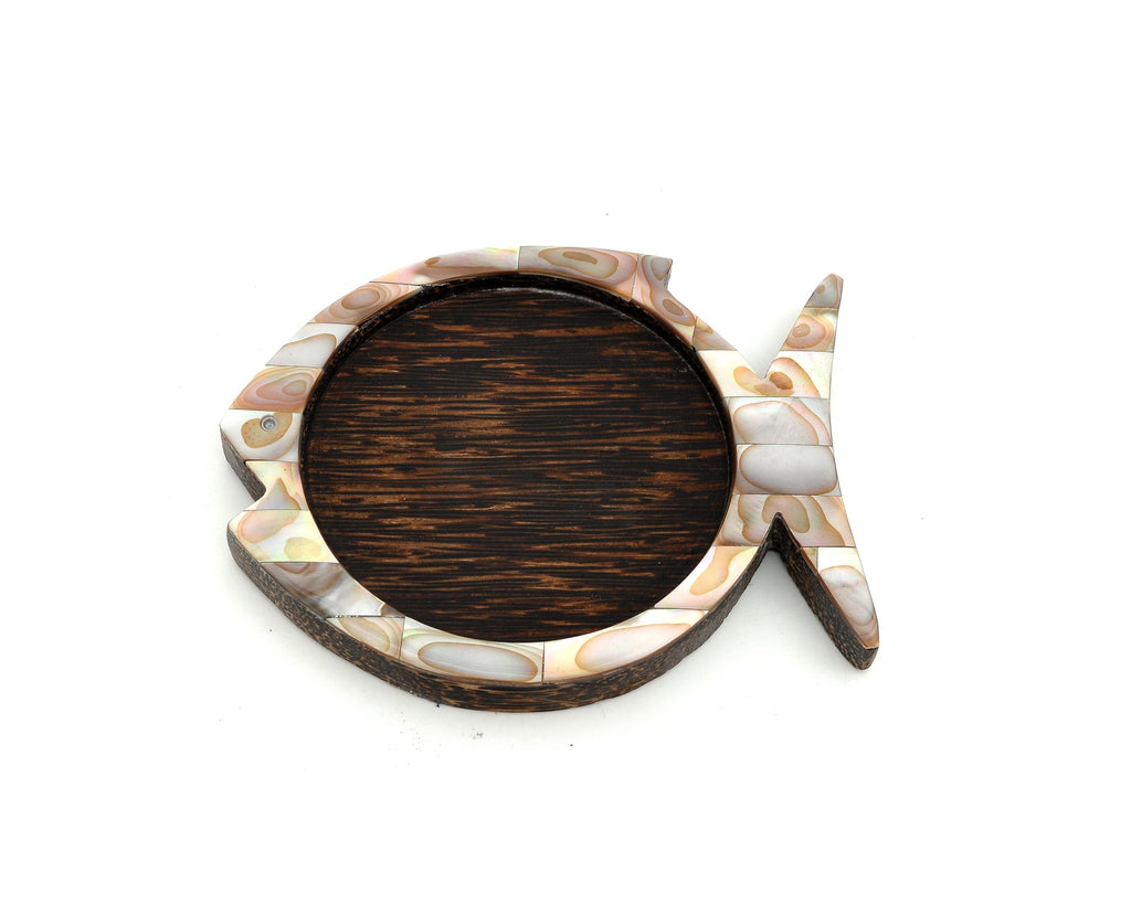 Myanmar Handmade Coconut Wood Fish Coaster With Mother of Pearl Inlay