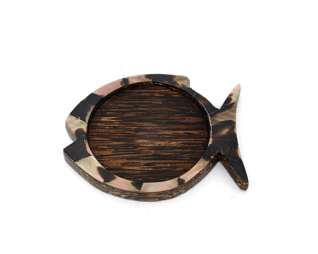 Myanmar Handmade Coconut Wood Fish Coaster With Mother of Pearl Inlay