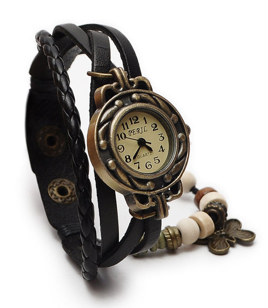 Women Vintage Charm Fashion Butterfly Bracelet Real Leather Quartz Wrist Watch