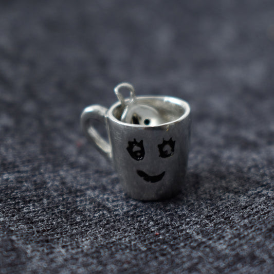 Coffee Bean Cup Mug Silver Pewter Gold Brass Charm Necklace Pendant Jewelry
