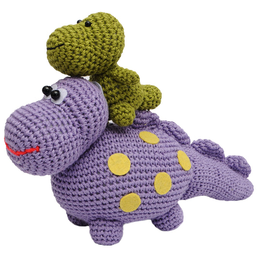Set of Purple & Green Dinosaurs Handmade Amigurumi Stuffed Toy Knit Crochet Doll VAC