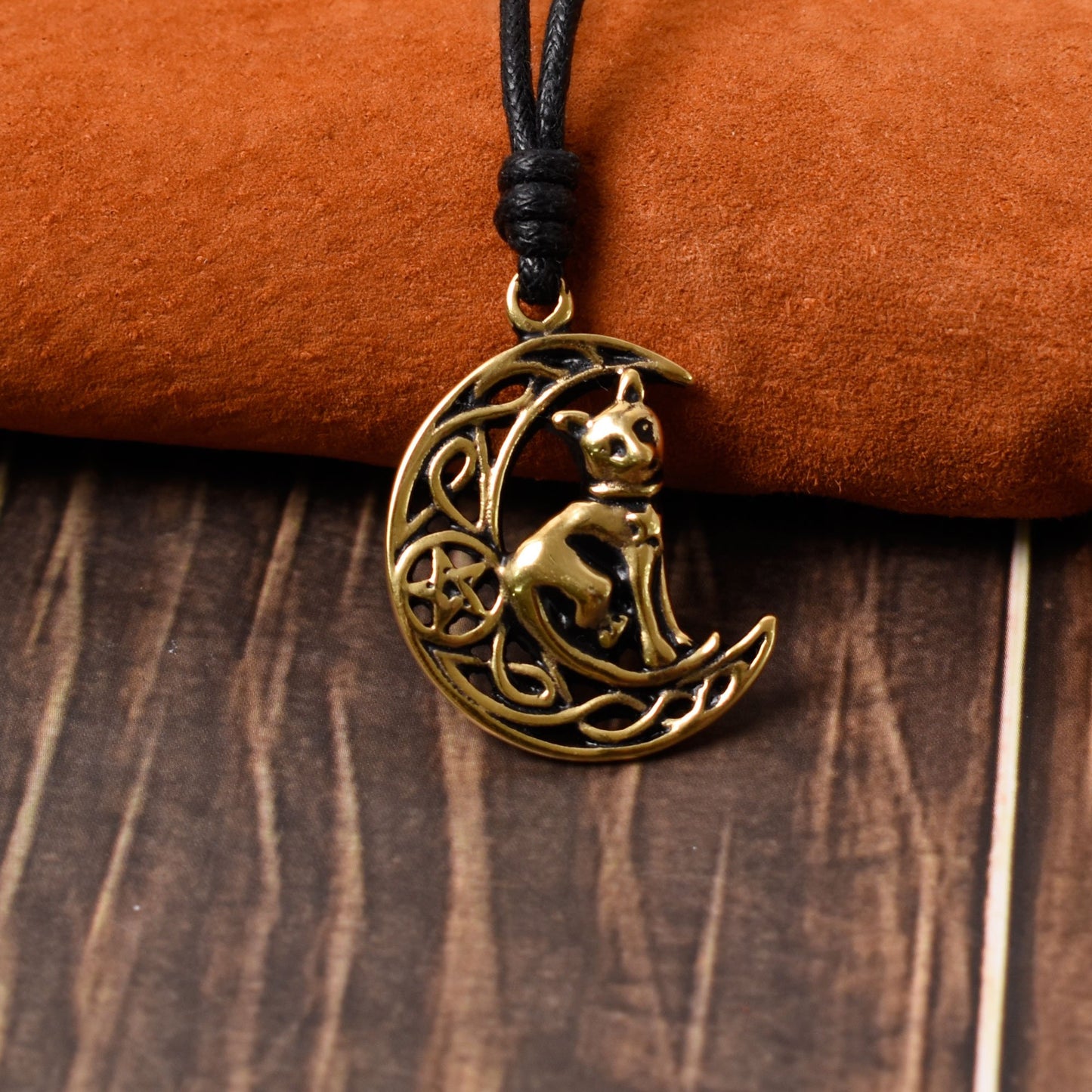 Celtic Moon and Cat Silver Pewter Gold Brass Charm Necklace Pendant Jewelry