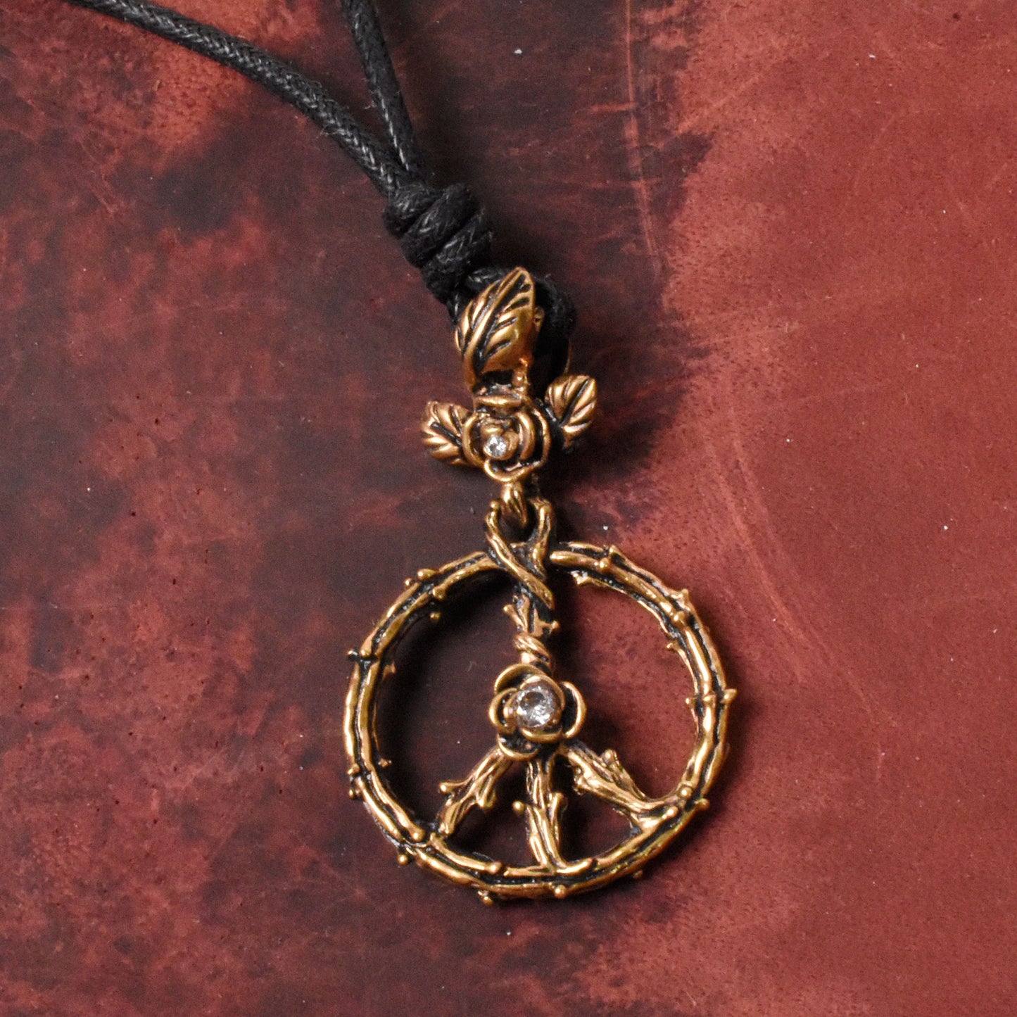 Peace Sign Roses Handmade Brass Necklace Pendant Jewelry With Cotton Cord
