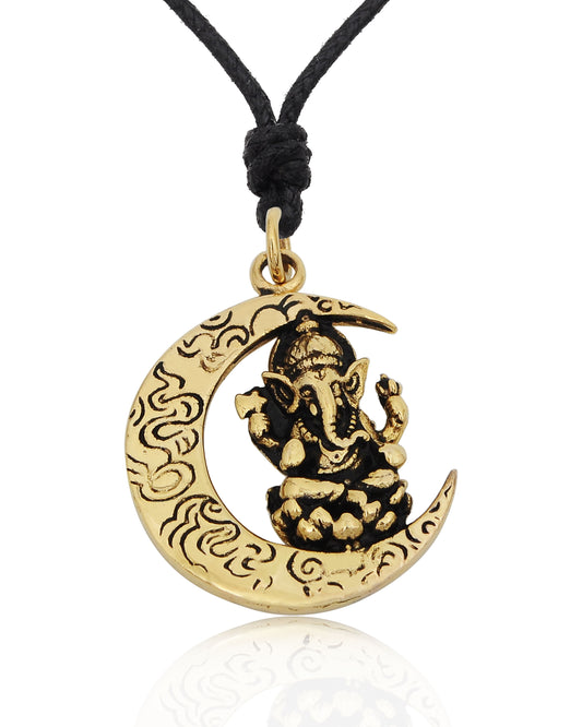Ganesh Indian God Moon Handmade Brass Charm Necklace Pendant Jewelry