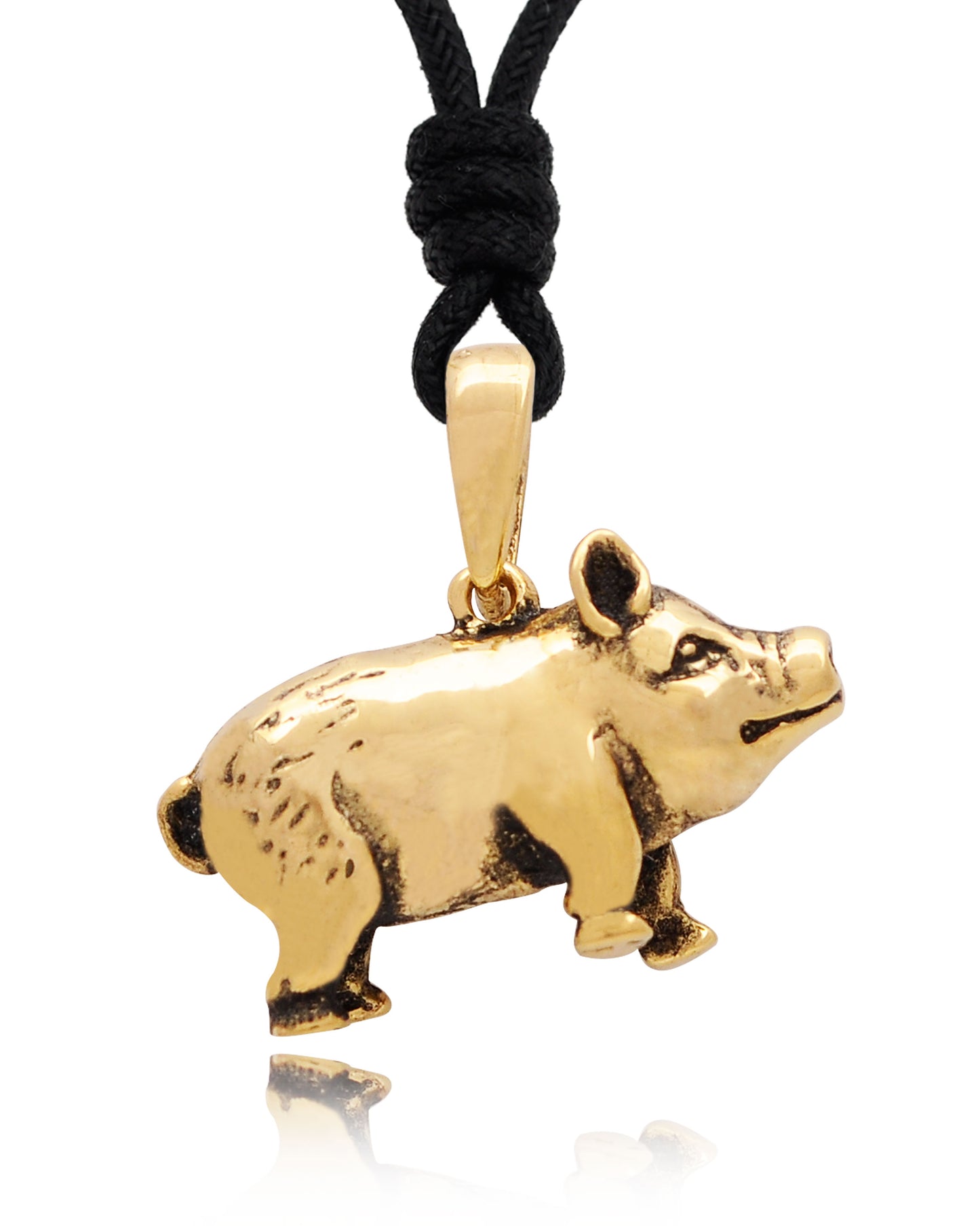 Smiling Pig Brass Charm Necklace Pendant Jewelry With Cotton Cord