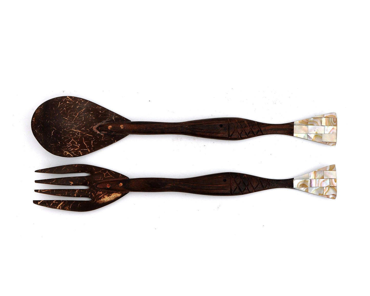 Myanmar Coconut Shell Salad Fork & Spoon With Fish Shaped Mother of Pearl Handle