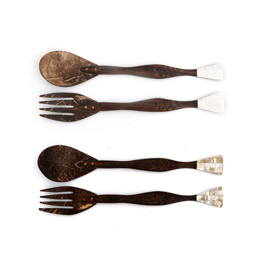 Myanmar Coconut Shell Salad Fork & Spoon With Fish Shaped Mother of Pearl Handle