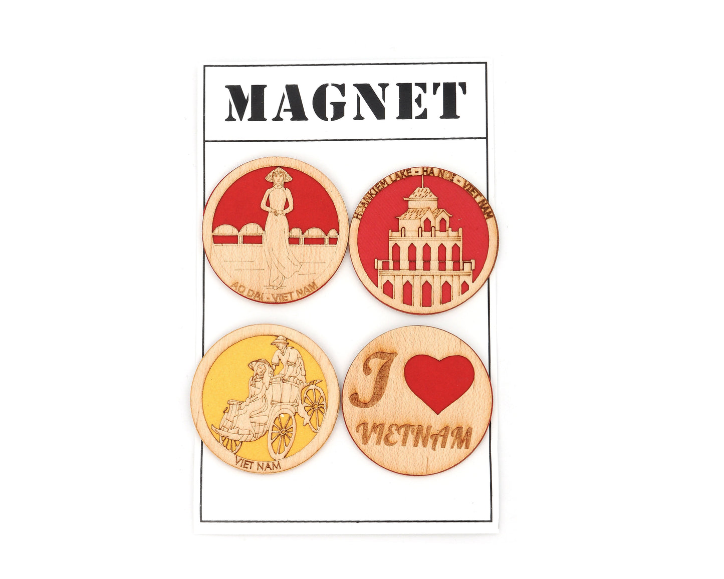 Set of 4 Vietnamese Symbols Handmade Wooden Fridge Magnets Collection