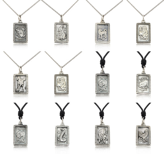 Rectangle Chinese Zodiac Silver Pewter Charm Necklace Pendant Jelwery