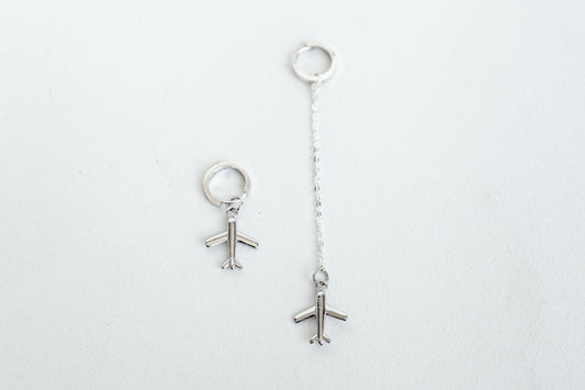 Silver earrings with airplanes, 925 sterling silver, Dangle Drop Earring, Asymmetrical earrings, Traveler's Talisman